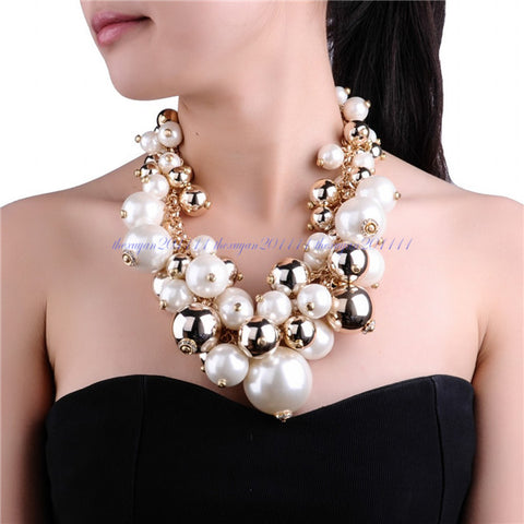 Fashion Gold Chain White Pearl Beads Cluster Choker Bib Pendant Necklace Perfect Party Valentine's Wedding Gift