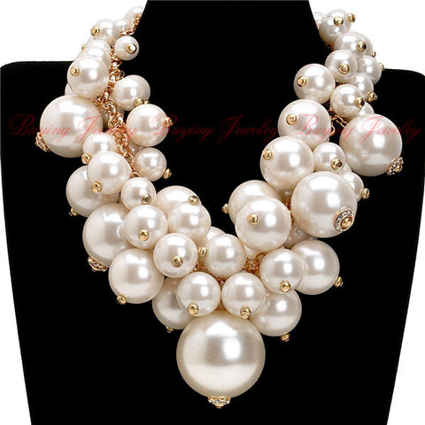 Fashion Gold Chain White Pearl Beads Cluster Choker Bib Pendant Necklace Perfect Party Valentine's Wedding Gift