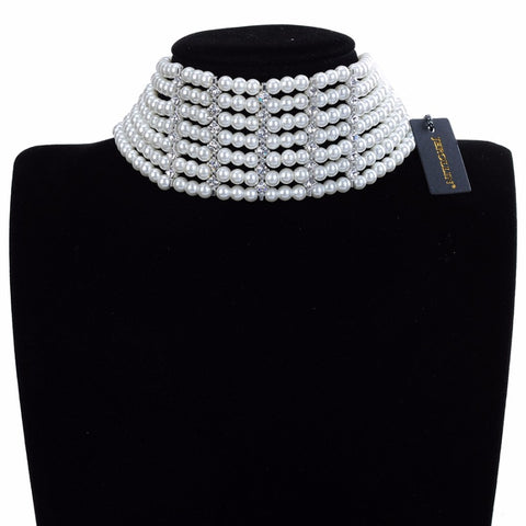 Fashion Jewelry Chain White Crystal Pearl Choker Statement Bib Necklace