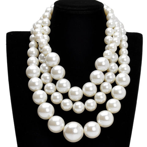 Free Shipping Resin Big White Faux Handmade Pearls Multi Strand 3 Layer Chunky Evening Party Holidays Wedding Necklace