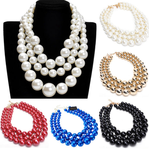 Free Shipping Resin Big White Faux Handmade Pearls Multi Strand 3 Layer Chunky Evening Party Holidays Wedding Necklace