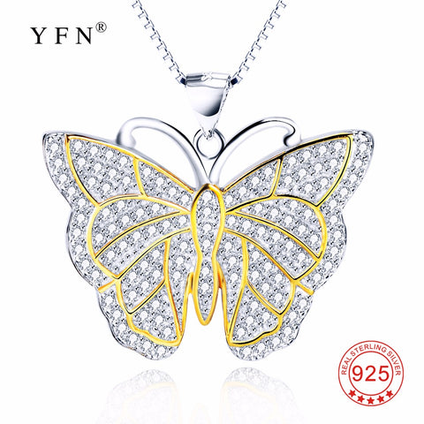 GNX12710 YFN Genuine 925 Sterling Silver Charming Crystal CZ Butterfly Pendants Necklaces Statement Necklace Jewelry For Women