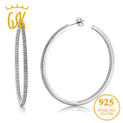 GemStoneKing 925 Sterling Silver Inside Out Hoop Earrings Women's Pave Round White Cubic Zirconia CZ (1.50 cttw, 52MM)
