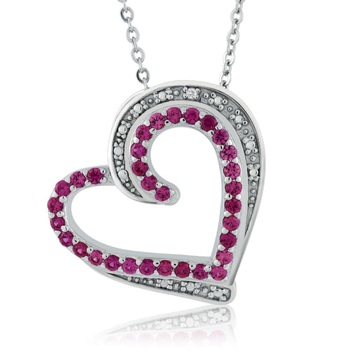 GemStoneKing Beautiful Heart Shape Created Ruby & Accent Diamond Pendant Necklace 925 Sterling Silver Jewelry For Women