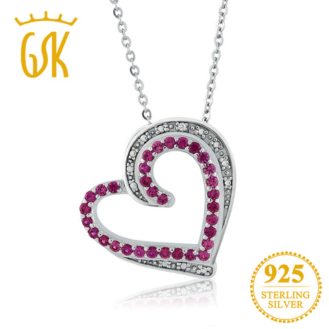 GemStoneKing Beautiful Heart Shape Created Ruby & Accent Diamond Pendant Necklace 925 Sterling Silver Jewelry For Women