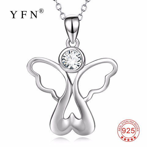 Genuine 925 Sterling Silver Angel With Wings Cubic Zirconia Pendants Necklaces Love Heart Jewelry For Women PYX0155