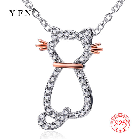 Genuine 925 Sterling Silver Cat Necklace Fashion Jewelry Cubic Zirconia Necklaces & Pendants For Women Collares Mujer GNX8727