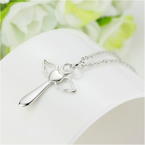 Genuine 925 Sterling Silver Cross Necklace Fashion Jewelry Angel Wings With A Heart Pendants Necklaces Holiday Sale GNX8780
