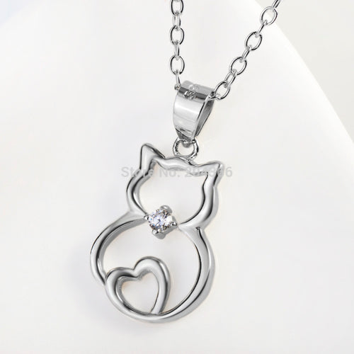 Genuine 925 Sterling Silver Crystal Cat Pendants Necklaces With A Heart Fashion Jewelry For Women Collares Mujer GNX8723