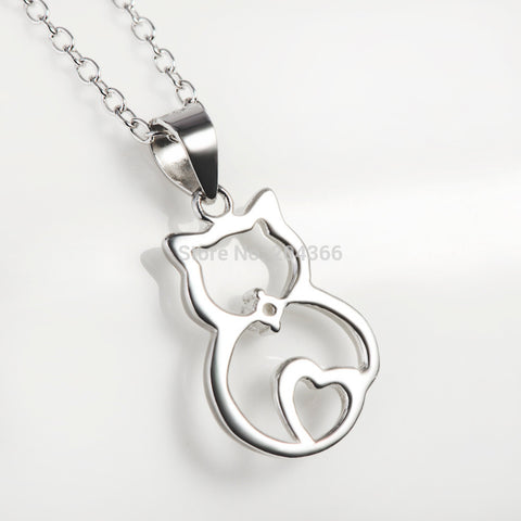 Genuine 925 Sterling Silver Crystal Cat Pendants Necklaces With A Heart Fashion Jewelry For Women Collares Mujer GNX8723
