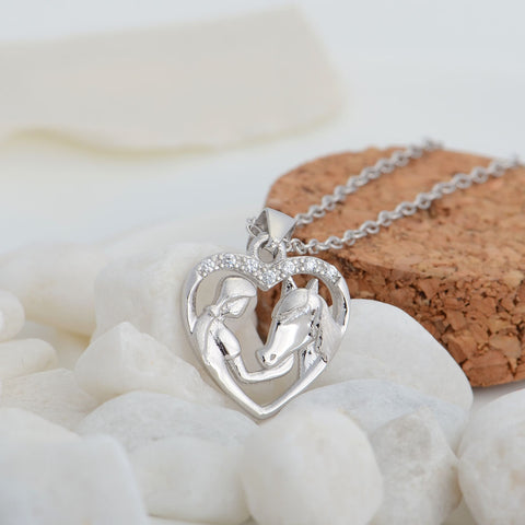 Genuine 925 Sterling Silver Heart Jewelry Cubic Zirconia Heart Pendants Necklaces Girl & Horse Fashion Women Necklace