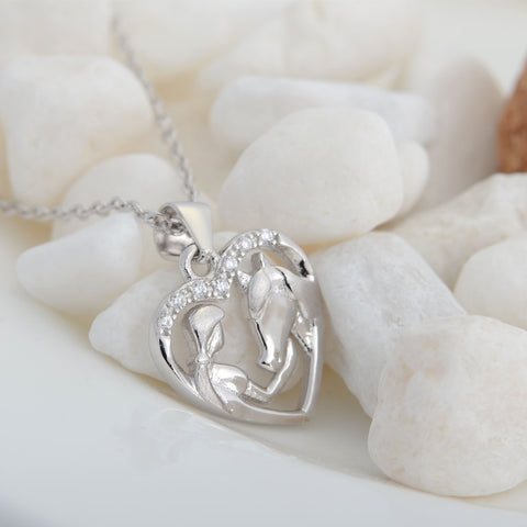 Genuine 925 Sterling Silver Heart Jewelry Cubic Zirconia Heart Pendants Necklaces Girl & Horse Fashion Women Necklace