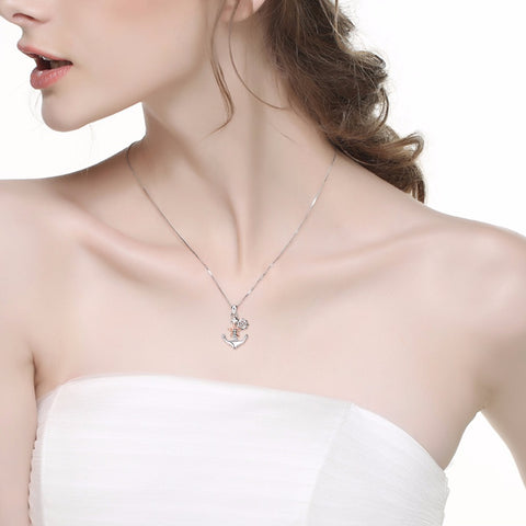 Genuine 925 Sterling Silver Ship Anchor Necklace Rose Gold Star Crystal CZ Pendants Necklaces Fashion Jewelry Gift For Women