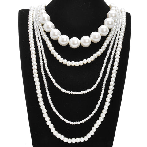 Hot Fashion Valentine's/Wedding/Party Gift Multilayer Strand Chain White Faux Pearl Long Statement Bib Necklace