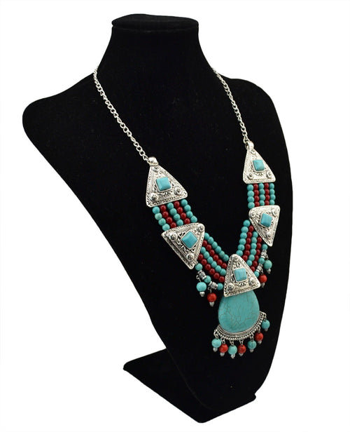 Idealway Bohemia Gyspy Retro Silver Alloy Triangle Shape Green Red Blue Beads Pendant Necklace Women Girls Jewelry