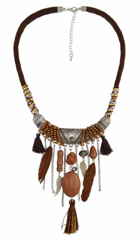 Idealway Handmade Ethnic Blue Brown Feather Pendant Leather Chain Necklaces for Women Bohemian Party Anniversary Tribal Jewelry