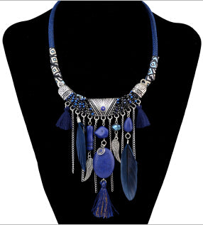 Idealway Handmade Ethnic Blue Brown Feather Pendant Leather Chain Necklaces for Women Bohemian Party Anniversary Tribal Jewelry
