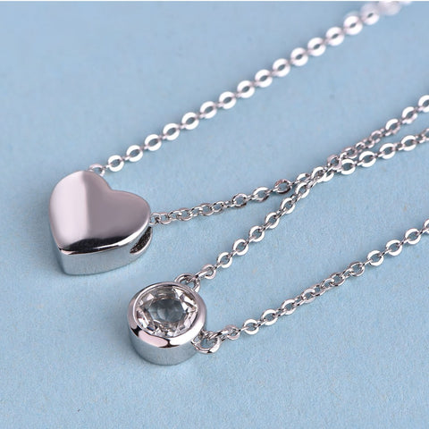 JO WISDOM Fine Jewelry Silver Double Chain Double Different Shape Heart/Round Pendants Accessories Costume Jewelry Summer Style