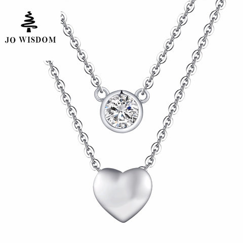 JO WISDOM Fine Jewelry Silver Double Chain Double Different Shape Heart/Round Pendants Accessories Costume Jewelry Summer Style