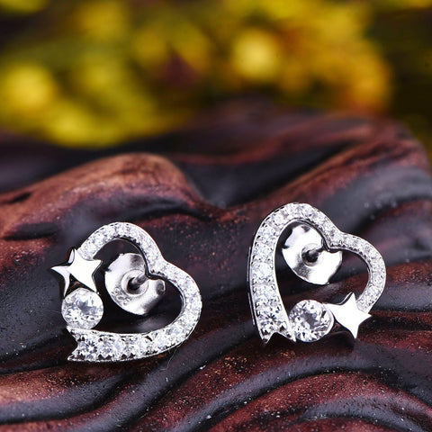 JO WISDOM Fine Jewelry Silver Heart Stud Earrings Ladies jewelery Accessories Earring with CZ Costume Jewelry Earrings