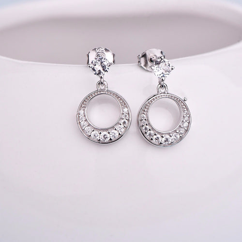 JO WISDOM Fine Jewelry Silver Round Long Earrings Ladies jewelery Accessories Drop Earring with CZ Costume Jewelry Earrings