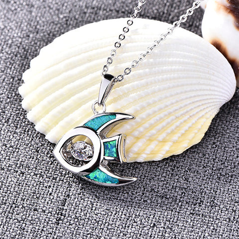 JO WISDOM New Blue Fire Opal Tropical Fish Clownfish with White Dancing Natural Topaz Pendant Necklace for Women Best Gift