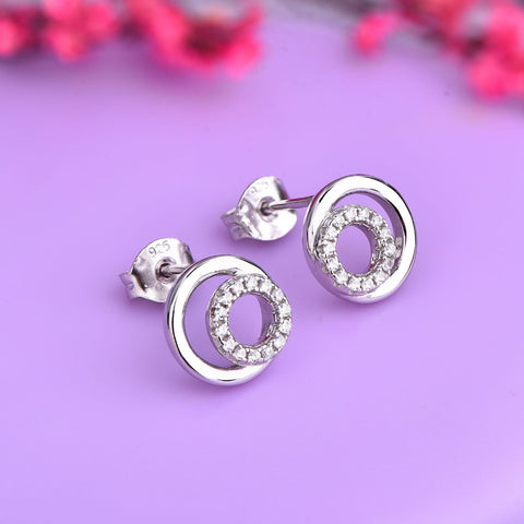 JO WISDOM Silver 925 Jewelry Simpleness Dubbel Round Sharped Sliver Color Stud Earrings Jewelry Made with CZ Wholesale/Dropship