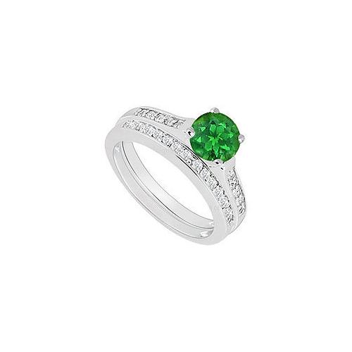 14K White Gold : Emerald and Diamond Engagement Ring with Wedding Band Set 0.75 CT TGW