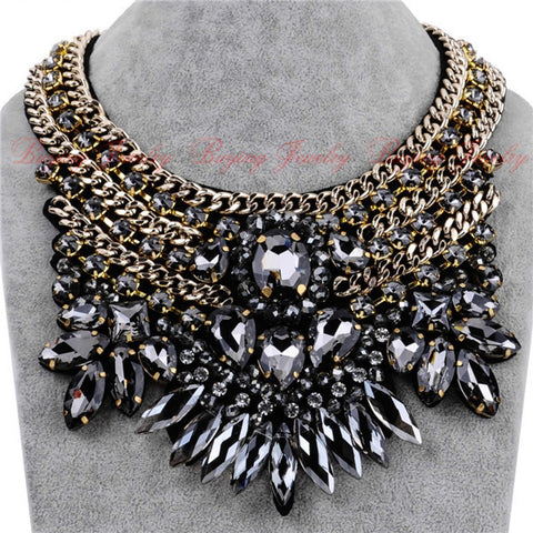 Jewelry Fashion New Women Party Exaggerate Accessories  Luxury Multicolor White Glass Crystal Choker Statement Bib Necklace