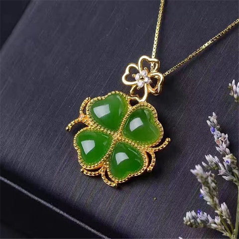 KJJEAXCMY boutique jewelry,925 silver inlaid natural clover natural jade Jasper Pendant Necklace Jewelry Silver jewelry wholesal