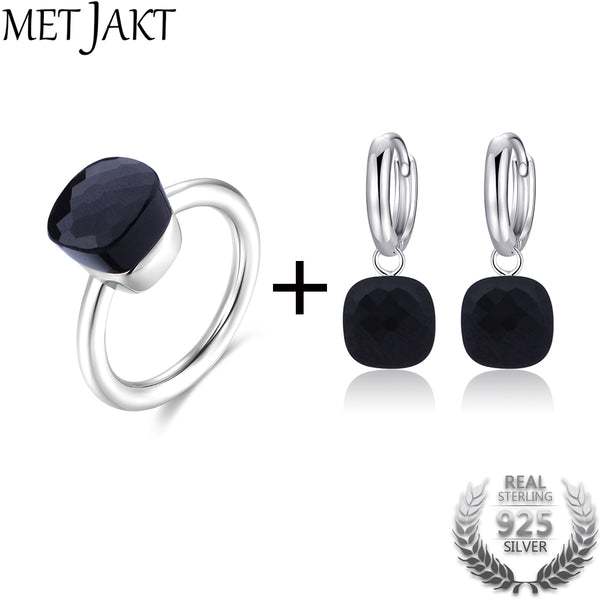 MetJakt Classic Natural  Agate Earring Ring Jewelry Sets Solid 925 Sterling Silver Rings for Women's Wedding Party Jewelry