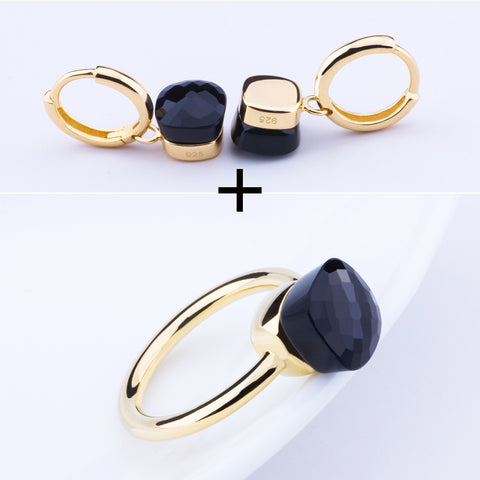 MetJakt Classic Natural Agate/Topaz Ring and Earrings Jewelry Sets Solid 925 Sterling Silver with Gold Color for Women Jewelry