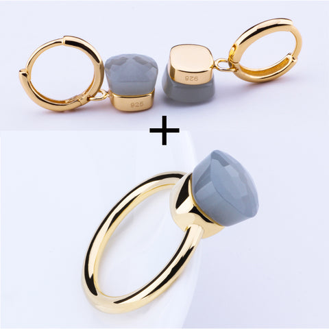 MetJakt Classic Natural Agate/Topaz Ring and Earrings Jewelry Sets Solid 925 Sterling Silver with Gold Color for Women Jewelry