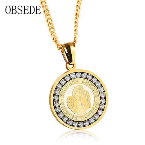 OBSEDE Couple Necklace Angel Wing Pendant With Crystal Stainless Steel Necklaces & Pendants For Women Men Silver/Gold Jewelry