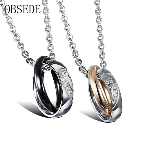 OBSEDE  Fashion Couple Necklace Double Circle Design Stainless Steel Necklace for Women Men Jewelry with Crystal Lover Heart