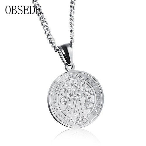 OBSEDE Vintage Couple Jewelry Women Men Necklace Round Christian Jesus Pendants Stainless Steel Necklace Gold/Silver Color