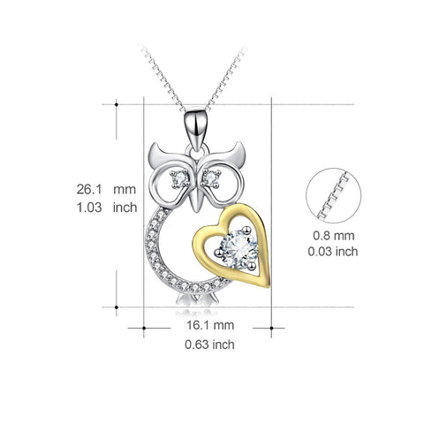 PYX0123 100% Real Pure 925 Sterling Silver Lovely Owl Necklace Love Heart Cubic Zirconia Crystal Pendants Necklaces For Women