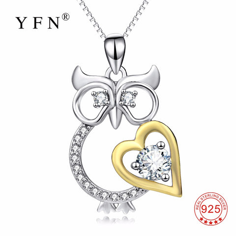PYX0123 100% Real Pure 925 Sterling Silver Lovely Owl Necklace Love Heart Cubic Zirconia Crystal Pendants Necklaces For Women