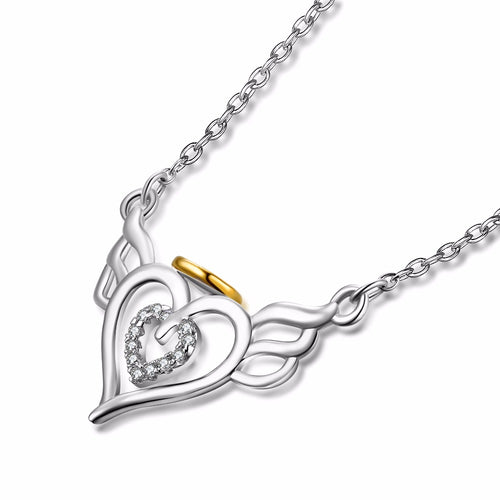 PYX0141 100% Fine 925 Sterling Silver Classic Love Heart Angel Wings Pendants Necklaces Shiny Crystal Jewelry Necklace For Women