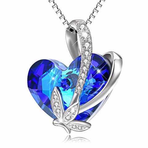 PYX0269 100% Fine 925 Sterling Silver Blue Heart of Ocean Pendants Necklaces With Crystal CZ Butterfly Pattern Women Necklace