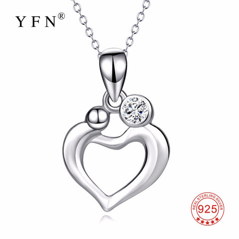 PYX0355 YFN 925 Sterling Silver Love Heart Mother & Child Mother Love Crystal CZ Pendants Necklaces Christmas Gift For Women