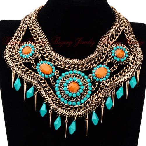 Special Designer Women Jewelry Vintage Bronze Blue/ Black Hollow Resin Chain Chunky Cluster Choker Drop Necklace