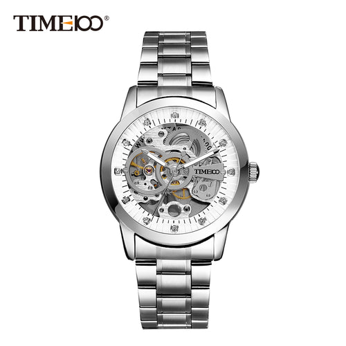 TIME100 Fashion Men's Mechanical Self Wind Skeleton Watch Stainless Steel Strap Business Casual Wrist Watches Clock