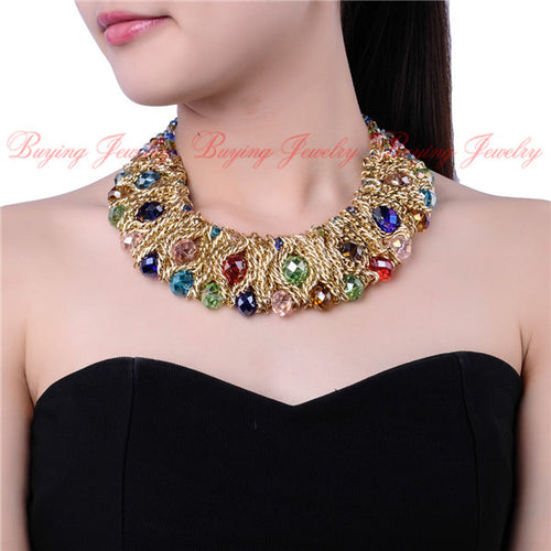 Top New Spring-Summer Design Fashion Jewelry Free Shipping Gold Chain White Crystal Bib Statement Necklace