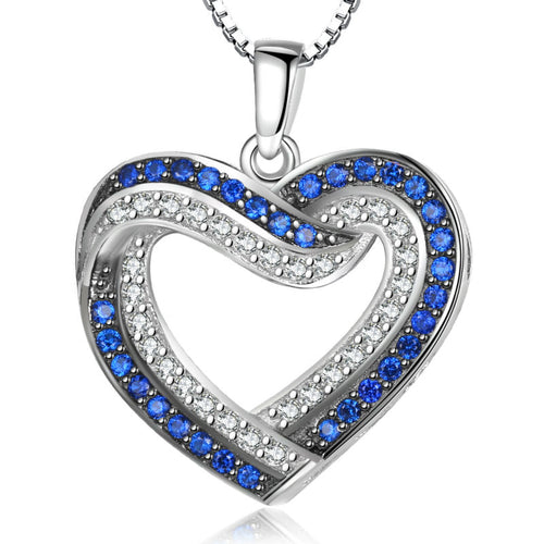 Two Colors Heart Pendant Solid 925 Sterling Silver Necklace Chain Blue and White CZ Romantic Jewelry Gift For Women