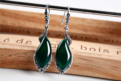 Vintage Silver Garnet Earrings green chalcedony gem Earrings Korean long jewelry silver female temperament