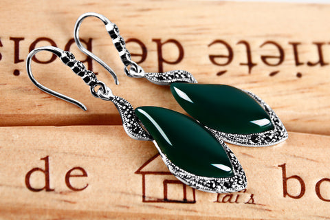 Vintage Silver Garnet Earrings green chalcedony gem Earrings Korean long jewelry silver female temperament