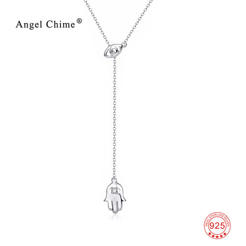 Women Fashion 925 Sterling Silver Hamsa Hand Evil Eye Pendant Statement Necklaces Fashion Choker Crystal Jewelry