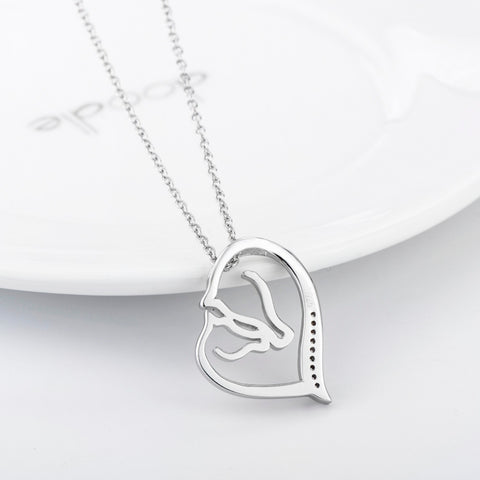 Women Fashion CZ Crystal Heart Horse Pendant Collar Necklace 925 Sterling Silver Collier Statement Necklace Kolye bijoux coeur