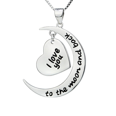 Women Fashion I Love You to The Moon and Back Lettered Pendant 925 Sterling Silver Collier Statement Necklace Jewelry Gift